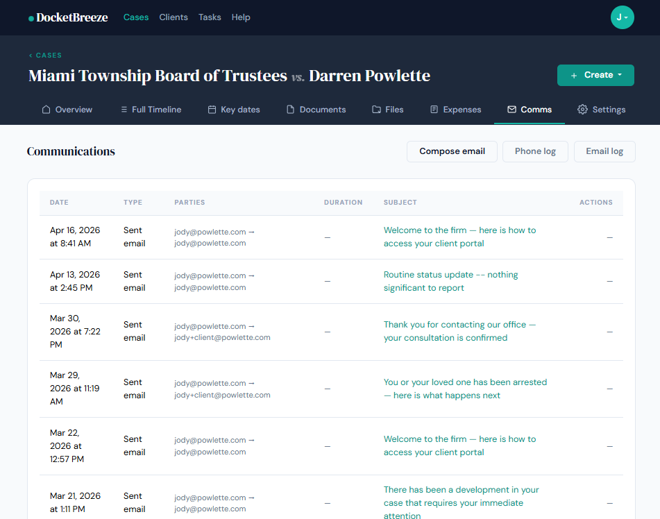 Communications screen